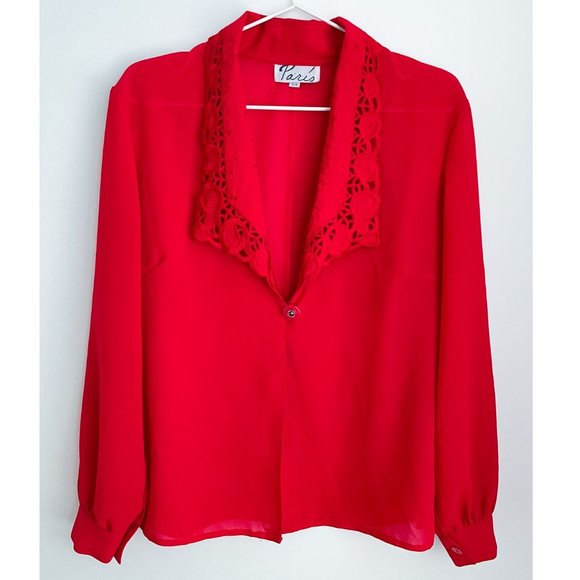Vintage Paris Red Silky Open Blouse Sheer Plunging Neckline Embroidered Collar S - Picture 1 of 10